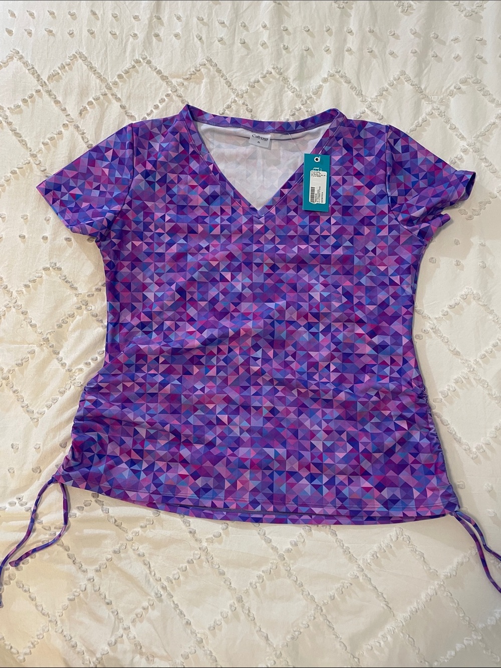 Calypsa Purple Multi Geometric V-Neck Short Sleeve swim Top rash guard nwt